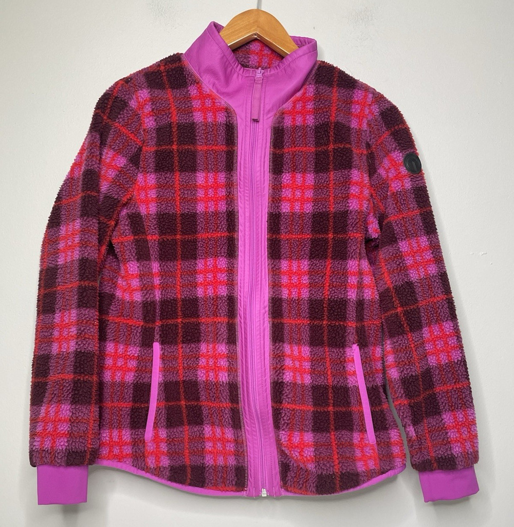 T by Talbots Sherpa Fleece Jacket Women’s Small Purple Pink Plaid Full Zip